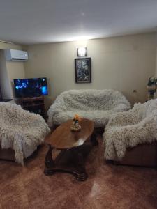 a living room with couches and a table and a tv at Вила Релакс in Pleven