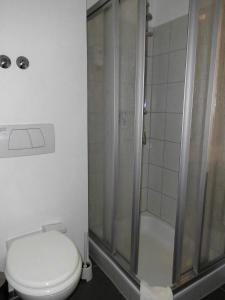 un baño con inodoro y ducha en Hotel Montana Lauenau, en Lauenau 25 fotos más