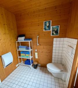 a bathroom with a toilet in a wooden cabin at Bunnyhill in Elchingen +42 photos
