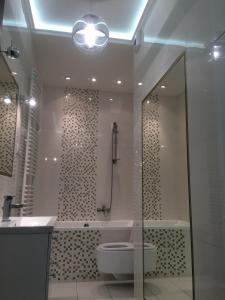 Apartament na Solnej z widokiem في كيلسي: حمام مع دش ومرحاض ومغسلة