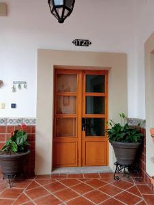 eine Holztür mit zwei Topfpflanzen davor in der Unterkunft Casa Purépecha, Habitación Itzi in Morelia