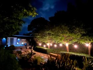 a row of lights in front of a house at night at Wollongong Tiny Home womens retreat in Coniston