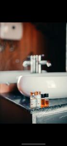 a bathroom counter with a sink and a mirror at Retreat Hotel Queen in Darjeeling