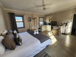 a bedroom with a large bed and a kitchen at Alcyone in Gqeberha +15 photos