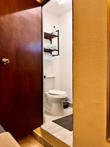 a bathroom with a toilet and a wooden door at Hotel 305 in Parras de la Fuente