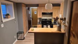 a kitchen with a counter and a stove top oven at Garden suite on Trinity St in Vancouver