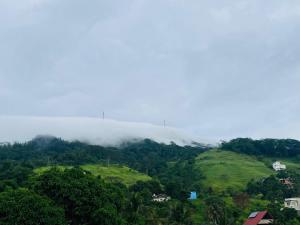 a misty mountain with trees and houses on a hill at Cloud Nest Hanthana in Kandy