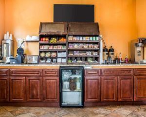 a kitchen with a counter with a refrigerator at Econo Lodge Inn & Suites North Syracuse Airport in North Syracuse