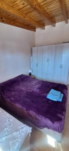 1 cama grande de color púrpura en una habitación con techos de madera. en Reloj, en Malargüe