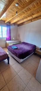 Un dormitorio con dos camas y techo de madera. en Reloj, en Malargüe