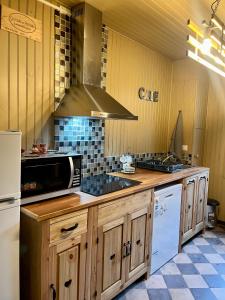 una cocina con estufa y microondas en Le coq en pâte, en Bussang