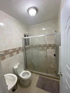 Un baño con ducha, inodoro y lavabo. en Casa amarilla, en Cumayasa Kilómetros 4 1/2