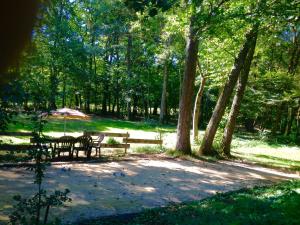 a picnic table and chairs in a park with trees at Chalet Clarimaud in Bréchaumont