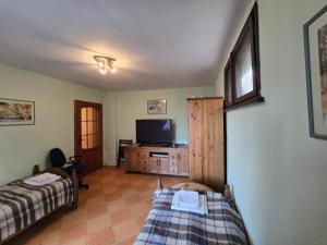 ein Wohnzimmer mit zwei Betten und einem Flachbildfernseher in der Unterkunft Villa Skalolazka in Belogradtschik