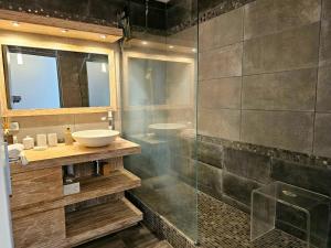a bathroom with a sink and a glass shower at Horizon Magellan - Grand T3 de 86m2 - Sainte-Marie in Sainte-Marie +13 photos