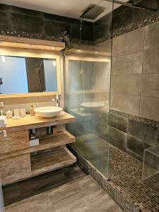 a bathroom with two sinks and a glass shower at Horizon Magellan - Grand T3 de 86m2 - Sainte-Marie in Sainte-Marie