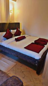 Bett mit roten Kissen auf einem Zimmer in der Unterkunft Downtown Retreat Homes in Kisii