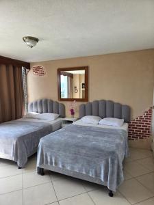 a room with two beds and a mirror at Apartamento 1005 Cortijo in Guatemala