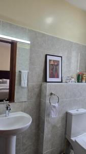 Lake View House- Shawmut Nakuru في ناكورو: حمام مع حوض غسيل أبيض ومرحاض