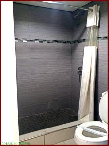 a bathroom with a shower with a toilet at Stay Inn - Bartow in Bartow