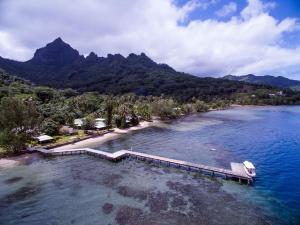 an island with a dock in the middle of the water at Linareva Moorea Beach Resort in Haapiti