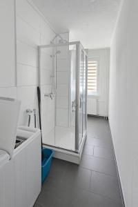 a white bathroom with a shower and a sink at Moderne 3-Zimmer-Ferienwohnung in Emersleben in Halberstadt