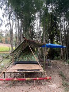 una hamaca con una sombrilla azul en un campo en Baan Pai Likit, en Pai