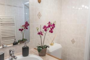 La Tanière في سان جيرفيه ليه بان: حمام مع حوض غسيل مع زهور أرجوانية على المنضدة +12 صورة
