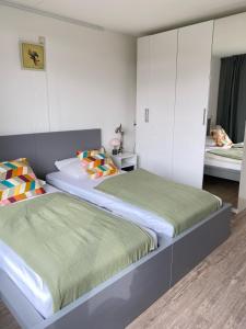 a bedroom with two beds and a mirror at Residenz Polderblick Burgerbrug in Burgerbrug