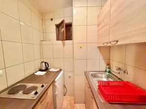 a small kitchen with a sink and a stove at Beachfront Apartments Oaza in Petrovac na Moru +93 photos