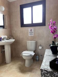 a bathroom with a toilet and a sink and a window at Villa Callione - Amazing view in Kyperounda +16 photos