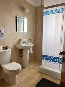 a bathroom with a toilet and a sink and a shower at Villa Callione - Amazing view in Kyperounda