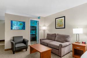 Clarion Hotel & Suites في براندون: غرفة معيشة مع أريكة وكرسي