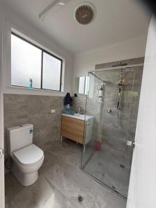 a bathroom with a shower and a toilet and a sink at Beachside Cabin No 2 at Island Beach in Island Beach