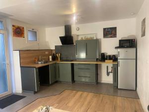 a kitchen with green cabinets and a refrigerator at T2 COCOON Centre ville in Marmande