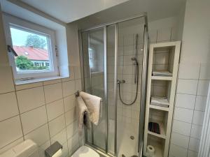 a bathroom with a shower and a glass shower stall at Ferienwohnung Maslanka EG in Utting am Ammersee