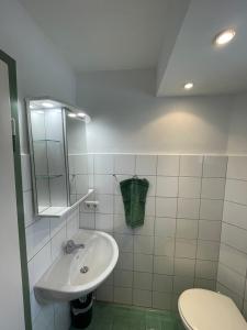 a bathroom with a sink and a toilet and a mirror at Ferienwohnung Maslanka EG in Utting am Ammersee