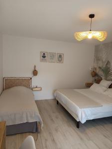 Villa'vi Lyon Est Chambres d'Hôtes في سانت-بريست: غرفة نوم بها سريرين وثريا