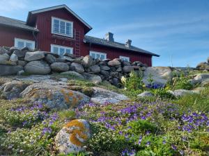 a red house with flowers in front of it at Pater Noster A home on the horizon in Hamneskär