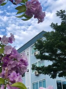 a building with purple flowers in front of it at บ้านทรัพย์มงคล in Ban Nua Khlong