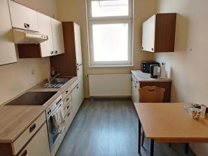 Pension am Bahnhof Mühlhausen في مولهاوزن: مطبخ صغير مع حوض وطاولة