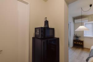 東京にあるThe Apartment Hotel 恵比寿1の部屋の黒い冷蔵庫の上に電子レンジが置かれている