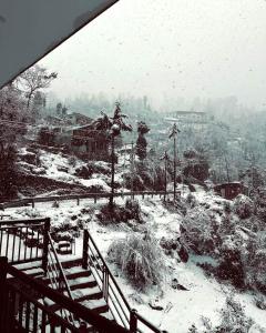 a snow covered view of a snow covered hill with stairs at Dadi Homestay in Munsyari