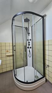 House near the sea and town centre in Skärhamn SE09107 في Nordvik: دش مع باب زجاجي في الحمام +26 صورة