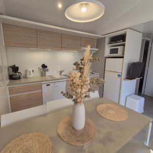 L'Oasis Mobil Home à 100m de la Plage Camping 5 étoiles في توراي: مزهرية مع الزهور على طاولة في مطبخ +12 صورة