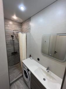 a bathroom with a sink and a washing machine at Инжу Сити in Karagandy