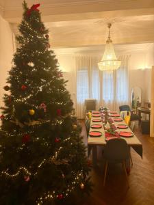 a christmas tree in a dining room with tables at Maison de Maître L Oustal des Halles avec salle de cinéma, billard & Jacuzzi in Castelnaudary