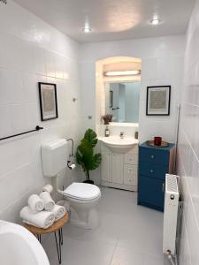 une salle de bains blanche avec toilettes et lavabo dans l'établissement Old Town City Center Apartments, à Braşov 48 autres photos