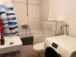a bathroom with a washing machine next to a toilet at Apartment an der Dürerstraße in Nuremberg