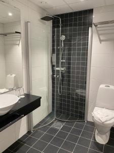 a bathroom with a shower and a toilet and a sink at Hotell Rättvik in Rättvik +19 photos